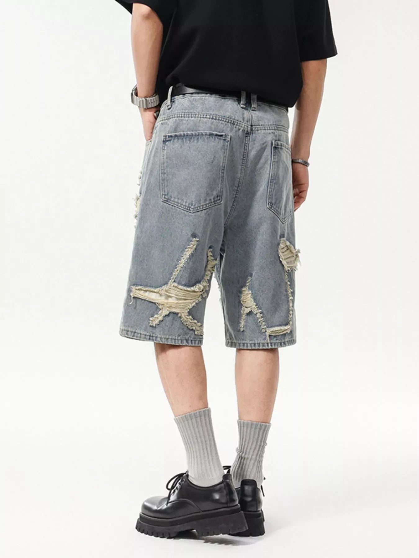 Back View of Trendbye Men's Distressed Denim Shorts