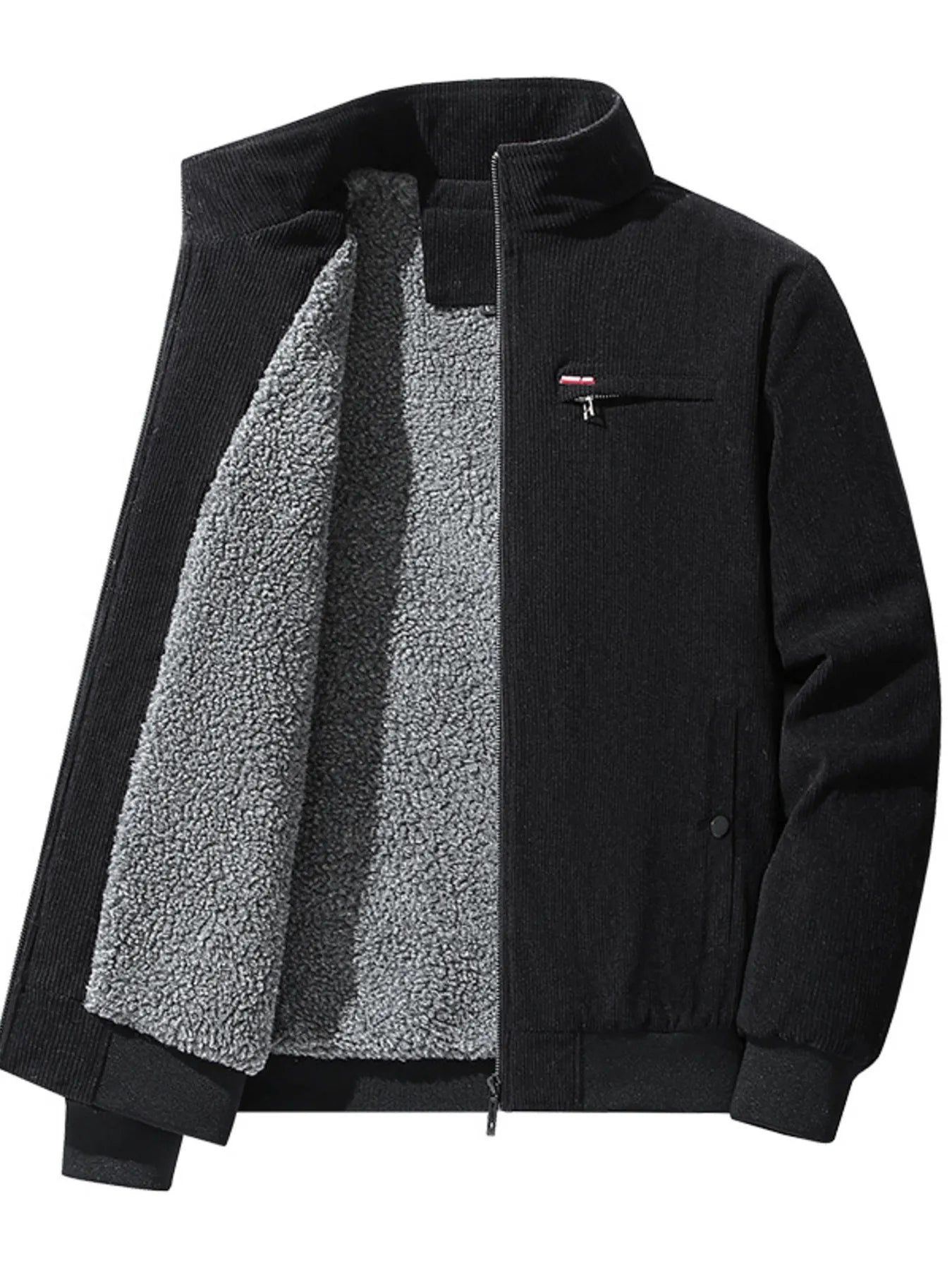 Black jacket with gray fleece lining on a white background