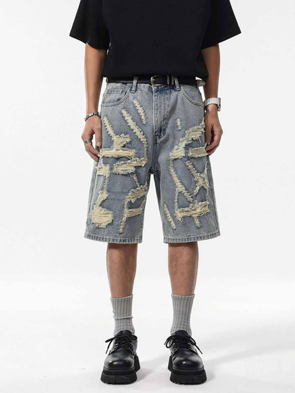 Front View of Trendbye Men's Wash Distressed Denim Shorts