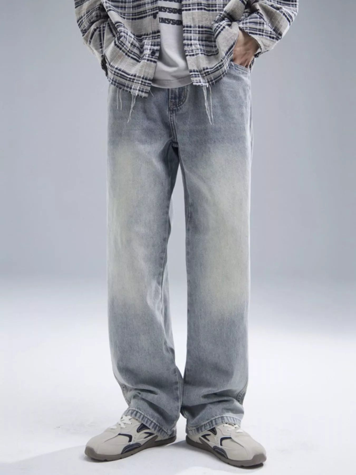Front View of Trendbye Men's Wash Loose Fit Jeans