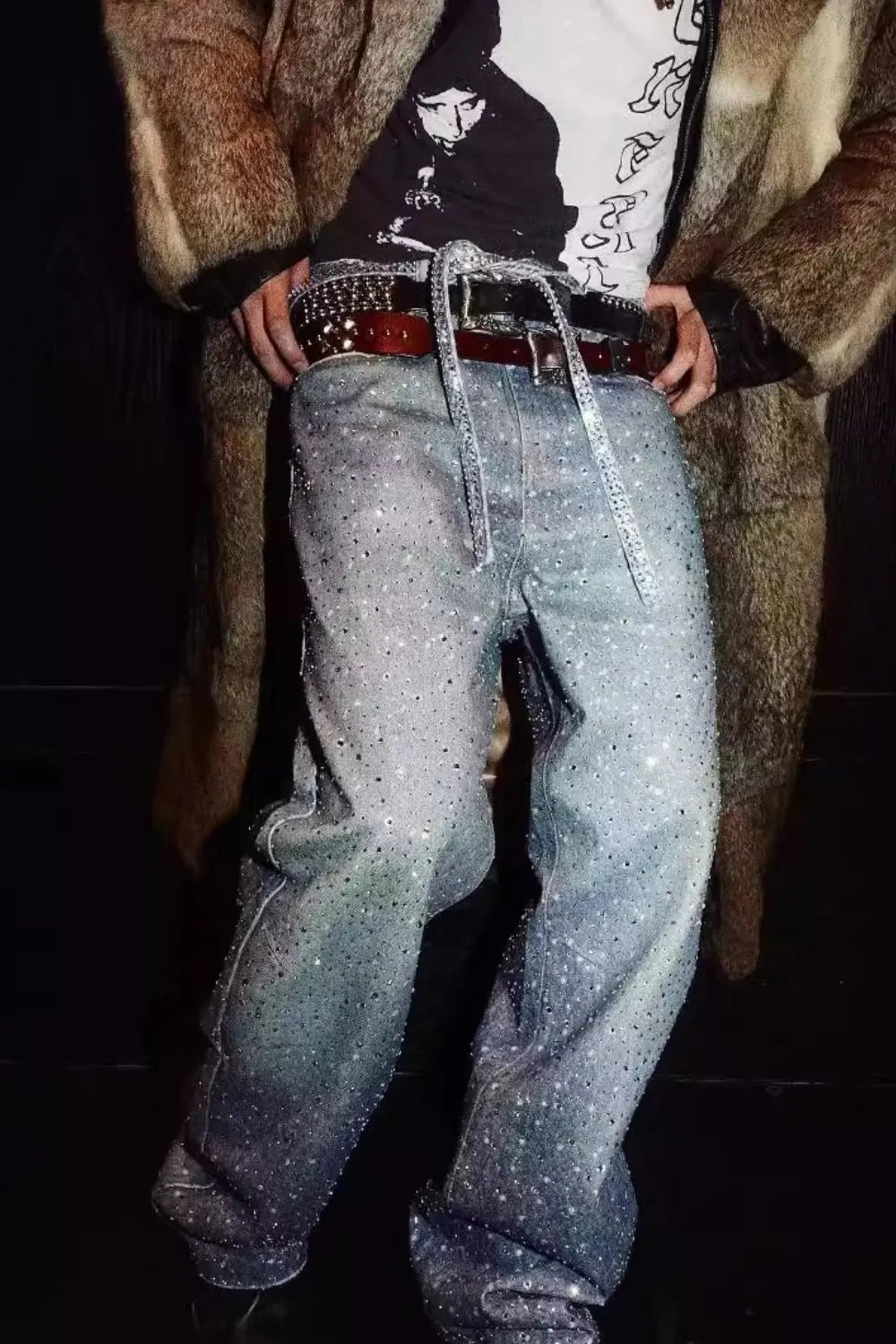 Front View of Trendbye Men's Washed Rhinestone Jeans