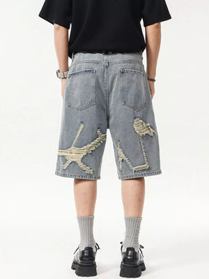 Lifestyle Image of Trendbye Men's Wash Distressed Denim Shorts