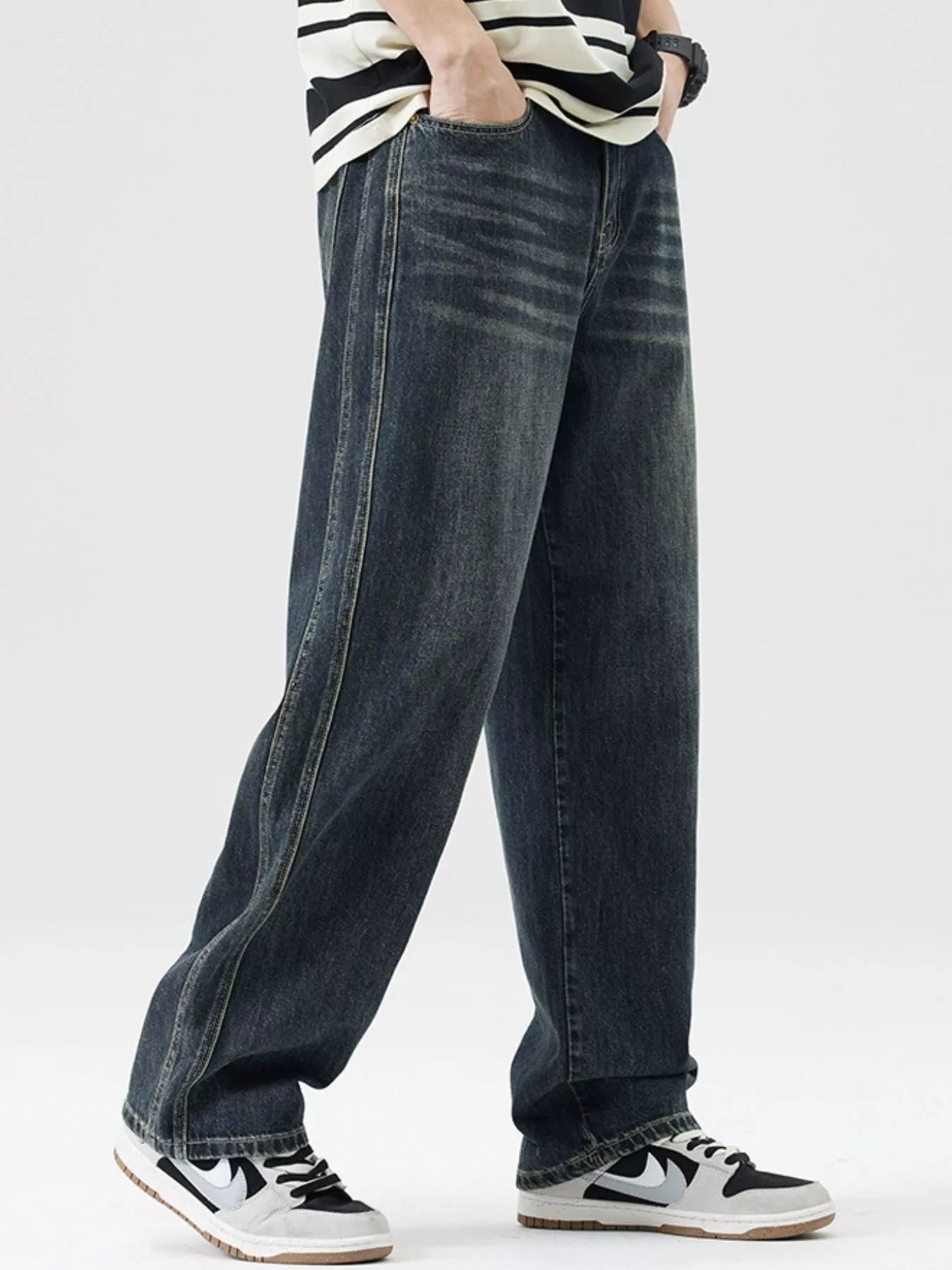 Lifestyle Image of Trendbye Men's Wash Wide Leg Jeans