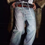 Lifestyle Image of Trendbye Men's Washed Rhinestone Jeans with Belt
