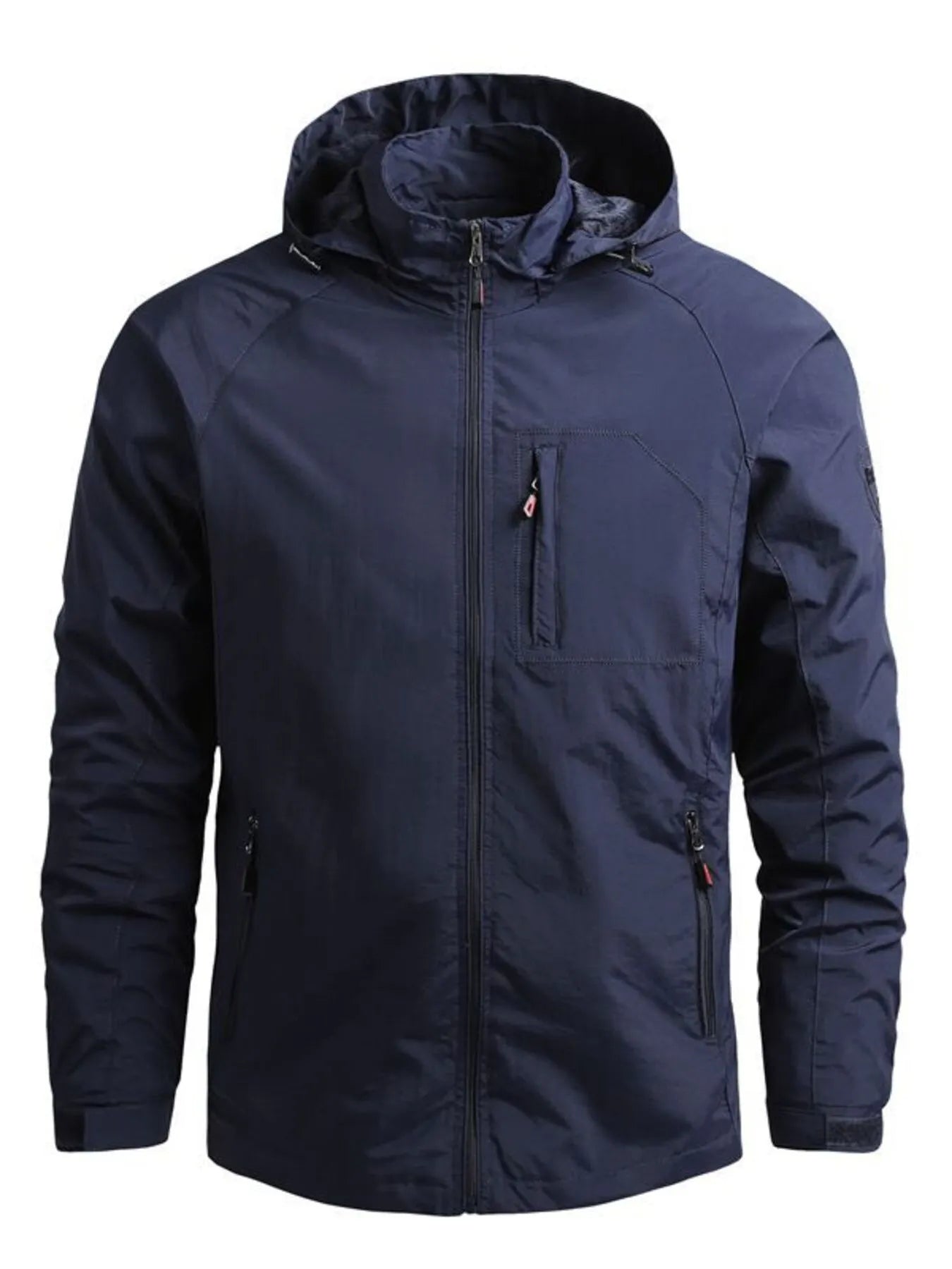 Navy blue jacket with a hood on a white background