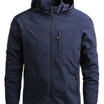 Navy blue jacket with a hood on a white background
