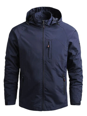 Navy blue jacket with a hood on a white background