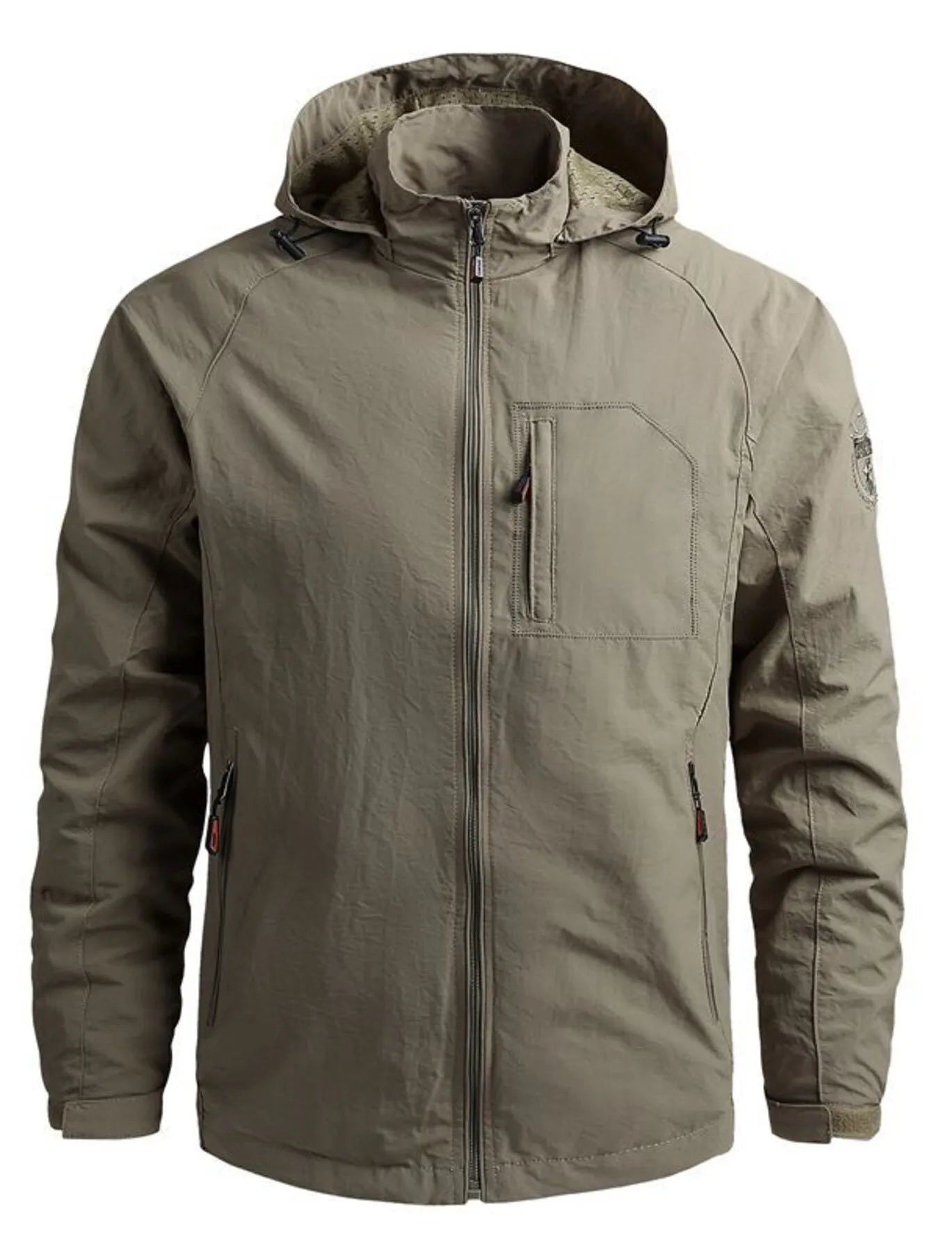 Green jacket with camouflage hood on a white background