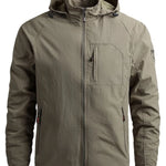 Green jacket with camouflage hood on a white background