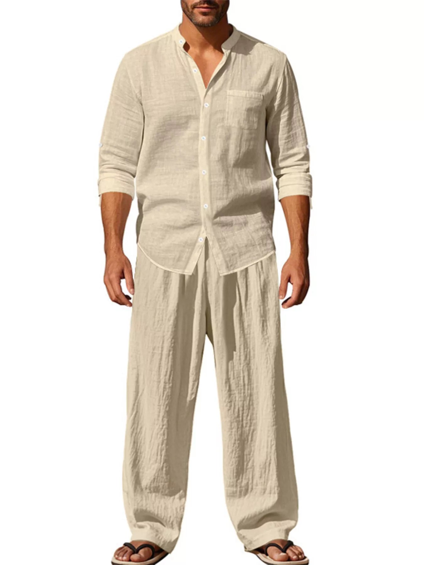 Trendbye Man wearing a beige linen shirt and pants set