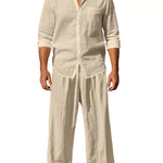 Trendbye Man wearing a beige linen shirt and pants set