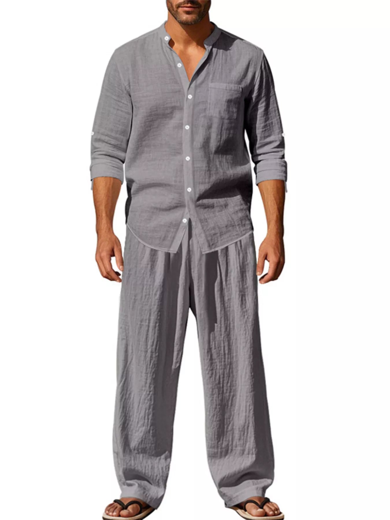 Trendbye Men's Full Size Button Up Shirt and Pants Set Front View