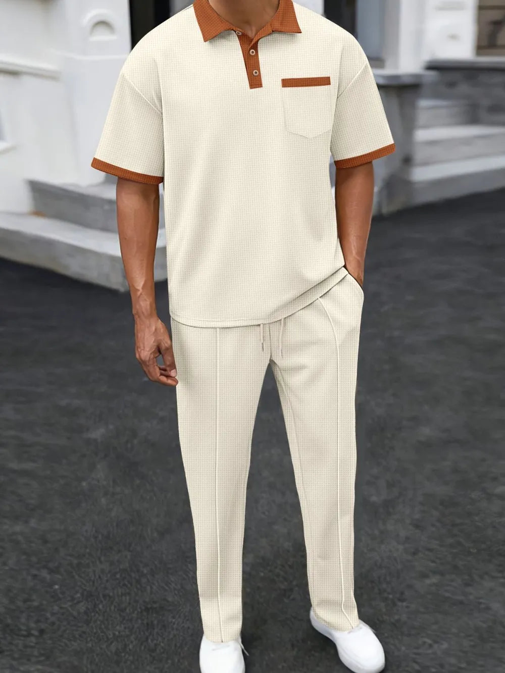 Trendbye Men's Full Size Waffle-Knit Polo and Pants Set Front View