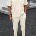 Trendbye Men's Full Size Waffle-Knit Polo and Pants Set Front View