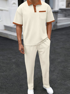 Trendbye Men's Full Size Waffle-Knit Polo and Pants Set Front View