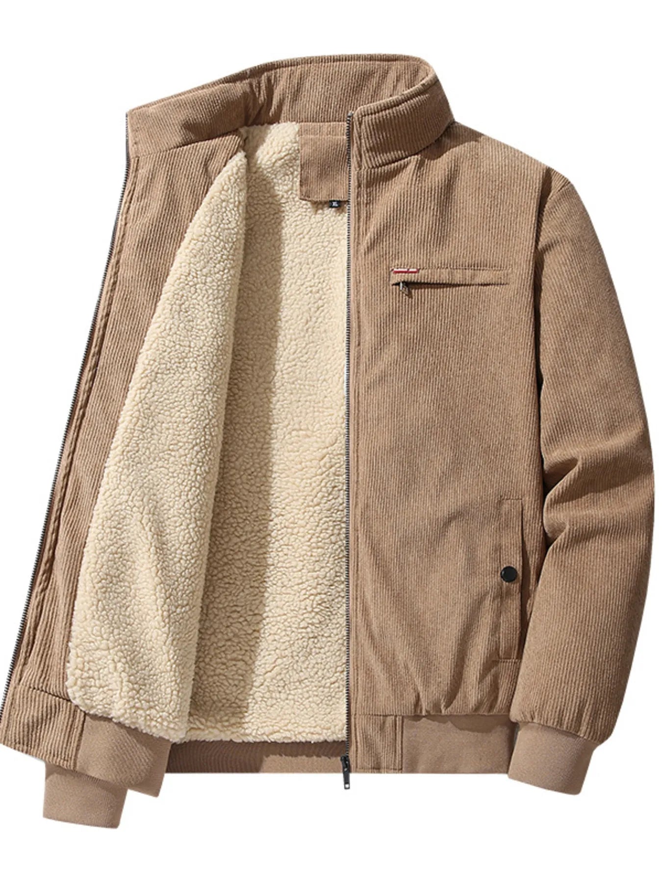 Brown corduroy jacket with beige fleece lining on a white background