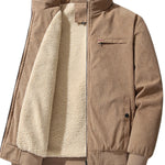 Brown corduroy jacket with beige fleece lining on a white background
