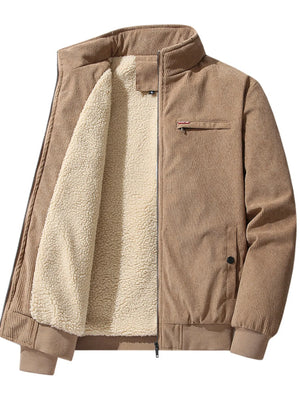 Brown corduroy jacket with beige fleece lining on a white background