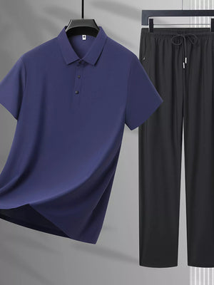 Trendbye Men's Plus Size Set Blue polo shirt and black pant