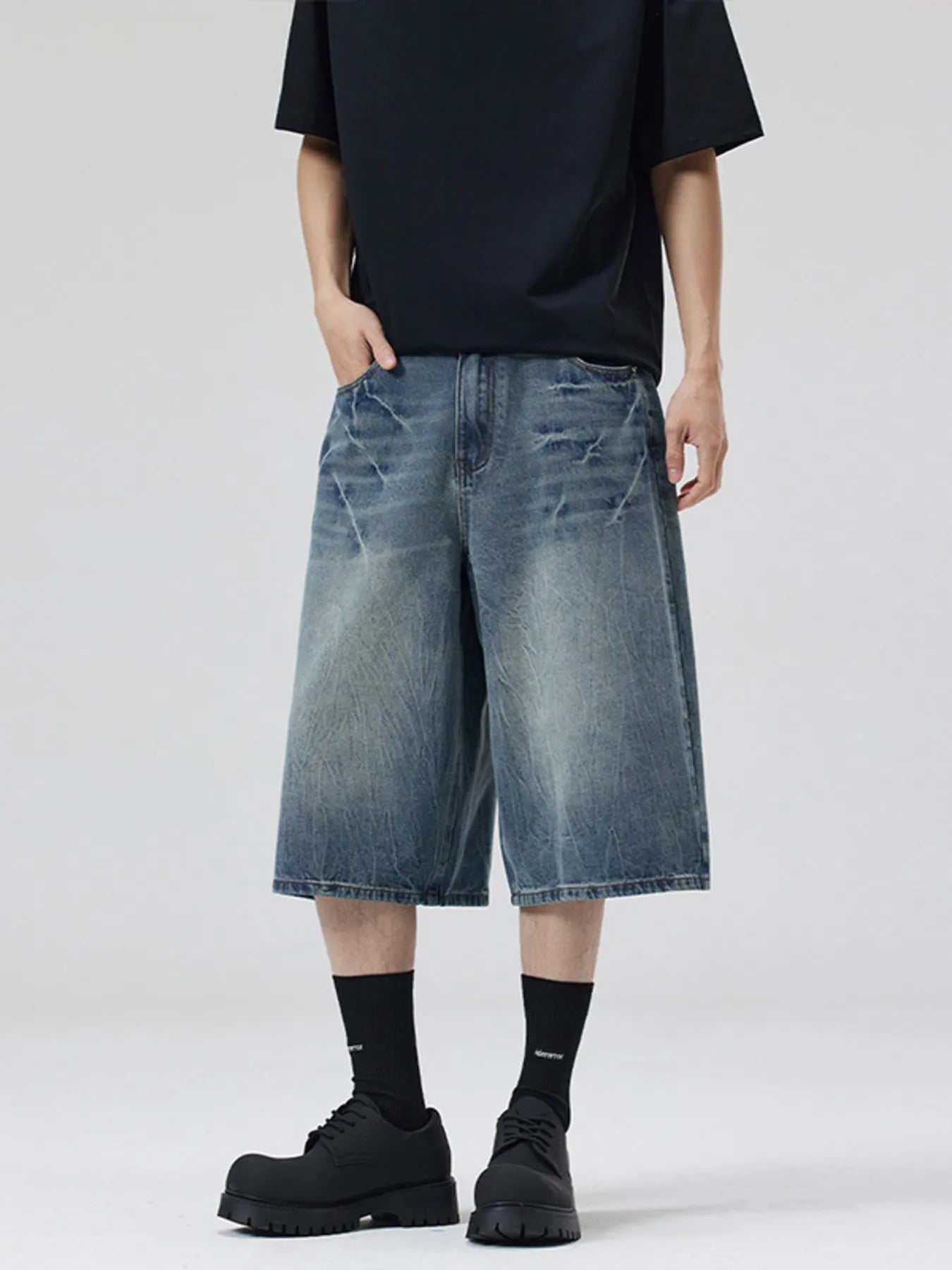Trendbye Men's Wash Wide Leg Denim Shorts
