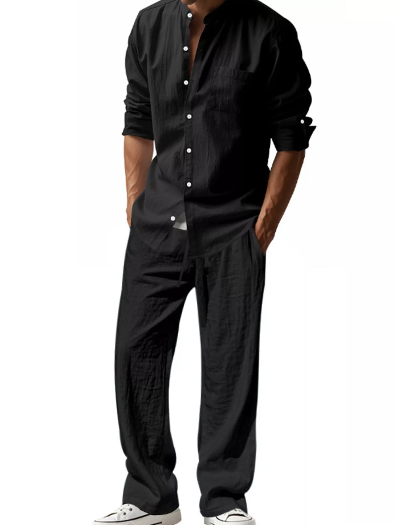 Trendbye Men's wearing a black button-up shirt and pants
