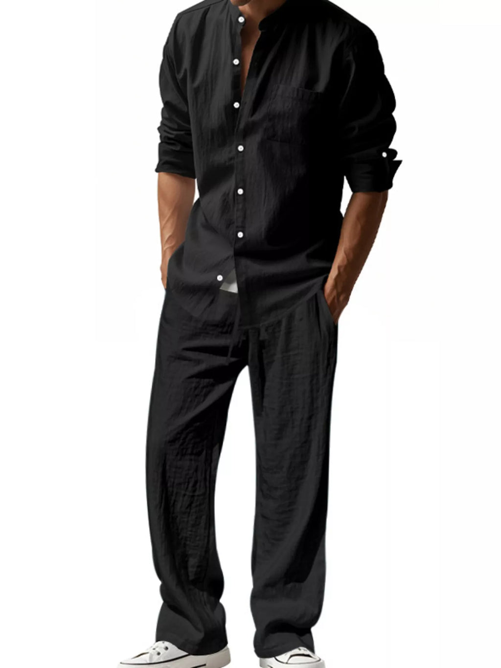 Trendbye Men's wearing a black button-up shirt and pants