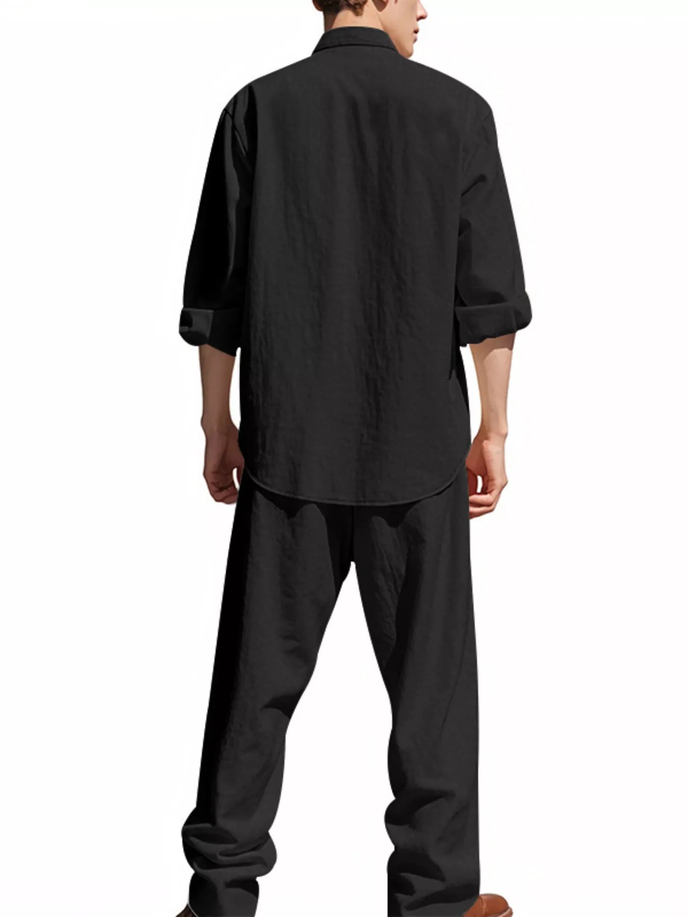 Trendbye Men's wearing a black chef's coat and pants on a white background