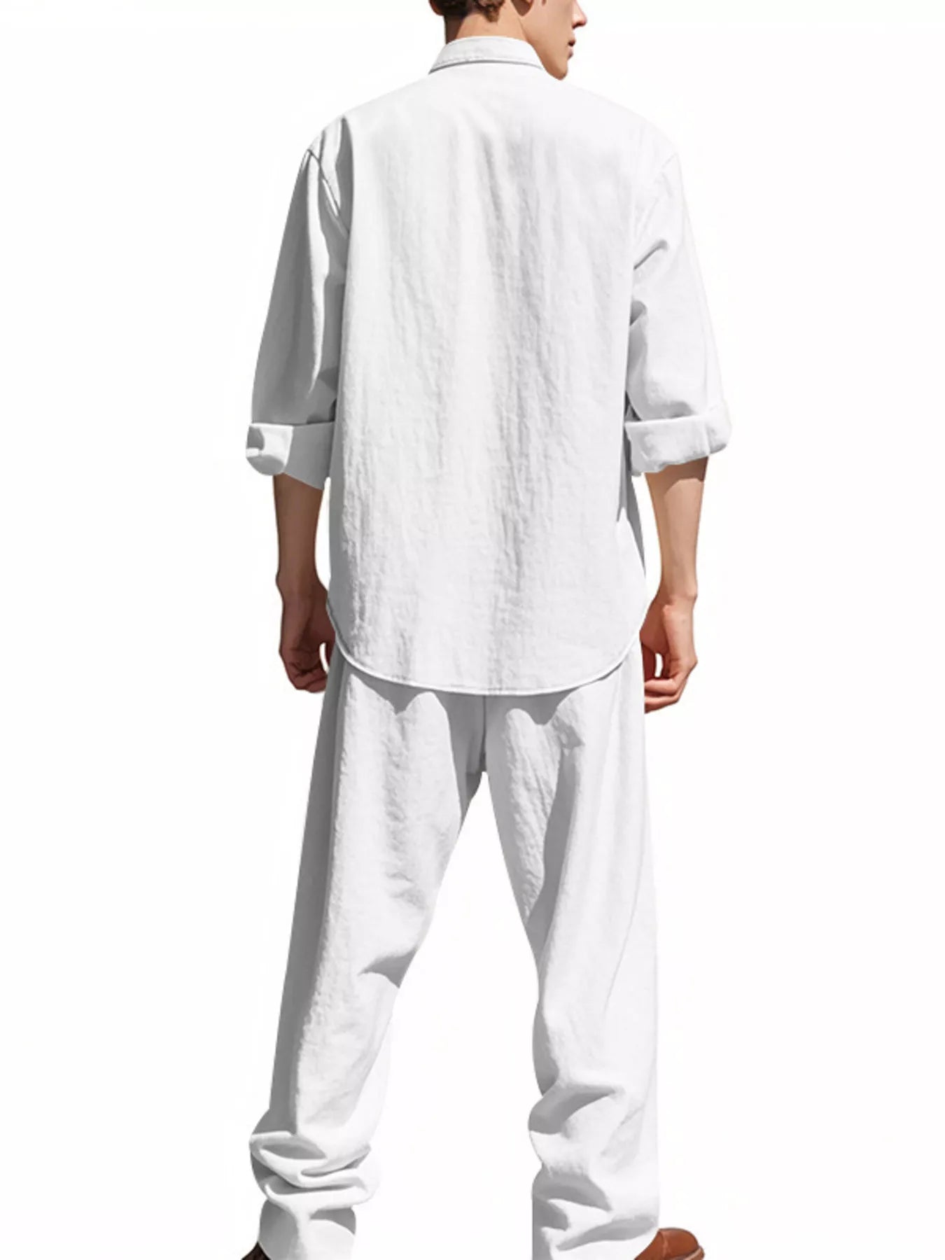 Trendbye Men's wearing a white linen shirt and pants