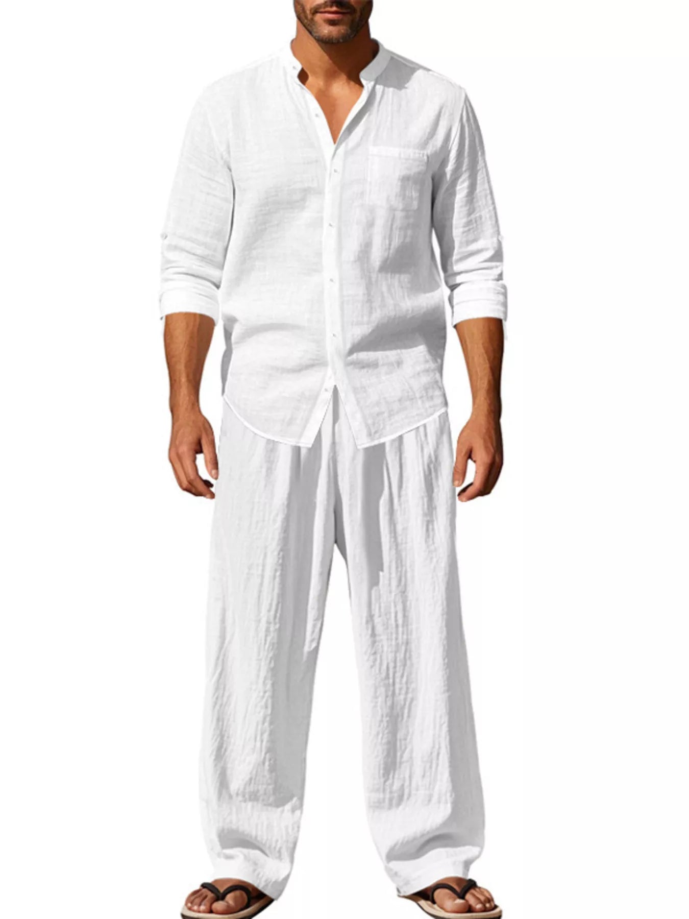Trendbye Men's wearing a white linen shirt and pants on a white background