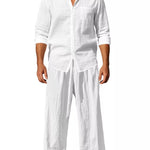 Trendbye Men's wearing a white linen shirt and pants on a white background