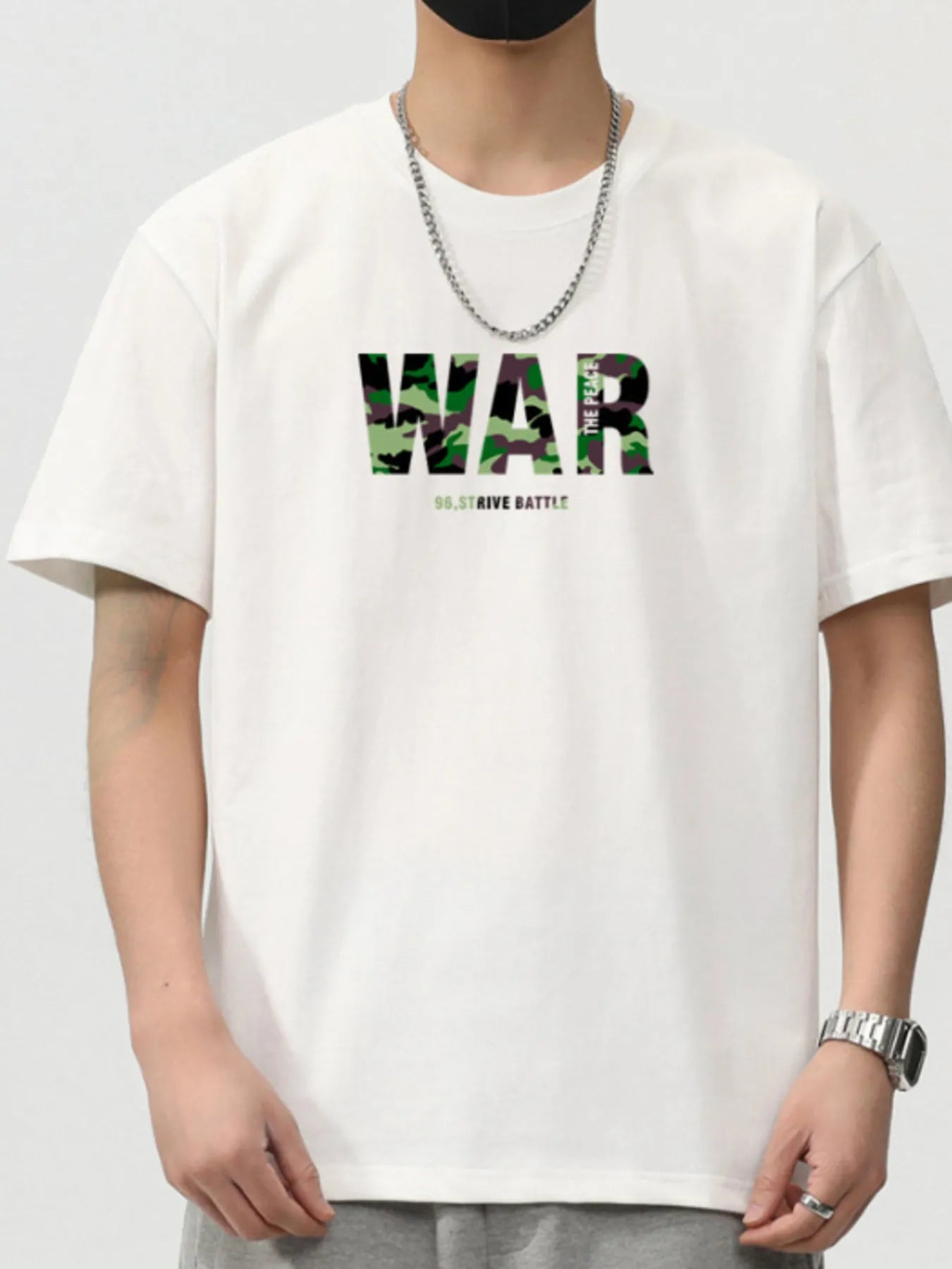 Trendbye Men's wearing a white t-shirt with 'WAR' graphic design