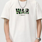 Trendbye Men's wearing a white t-shirt with 'WAR' graphic design