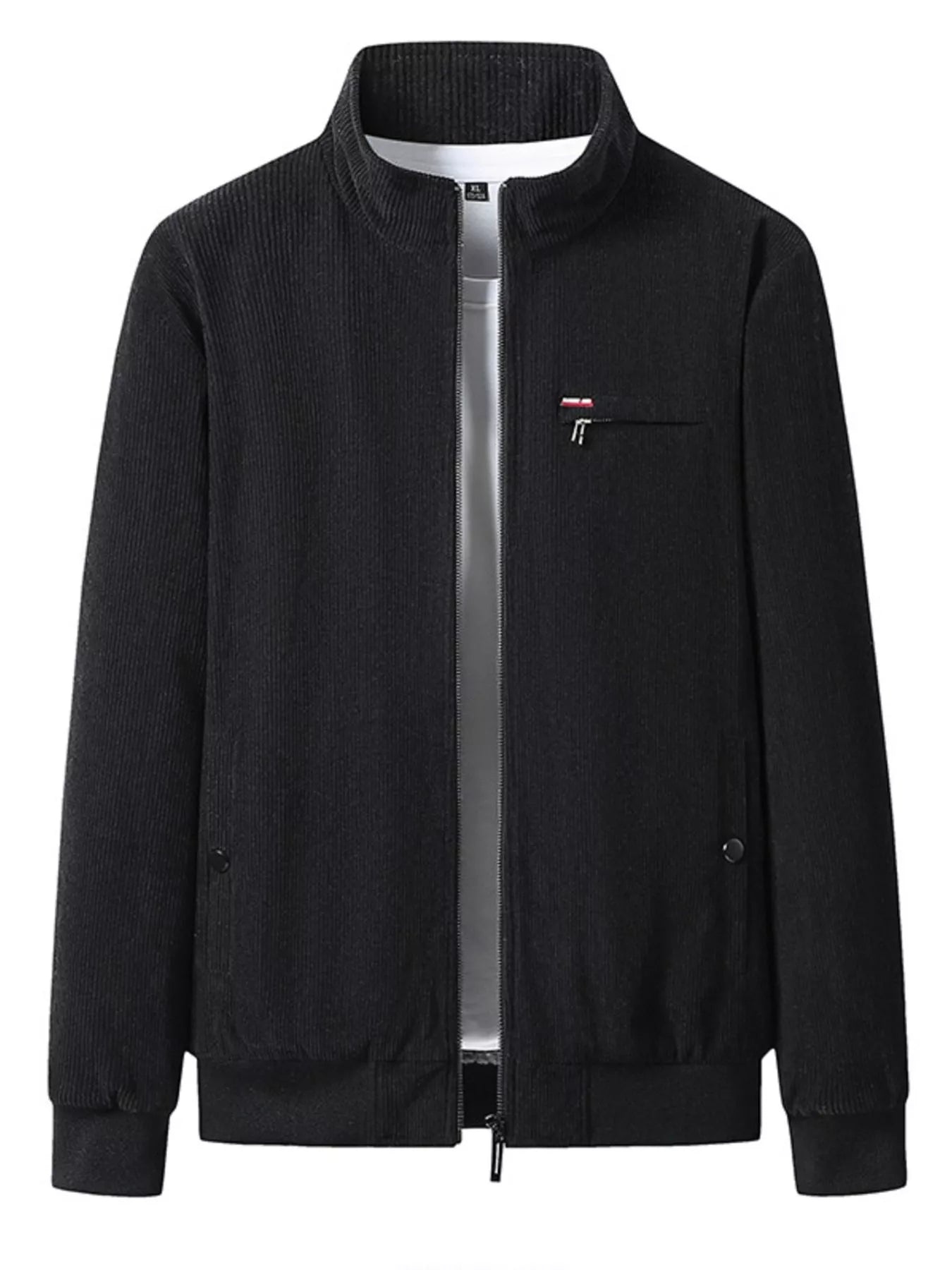 Black jacket with a small logo on a white background